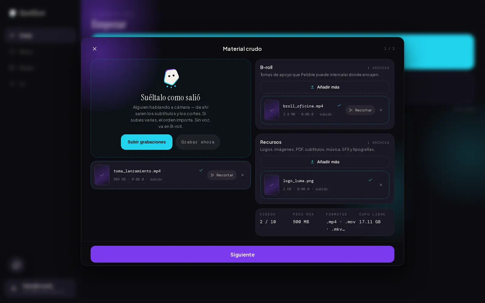 Rawflow, material crudo: grabaciones, b-roll y recursos, con la toma y el logo ya subidos.