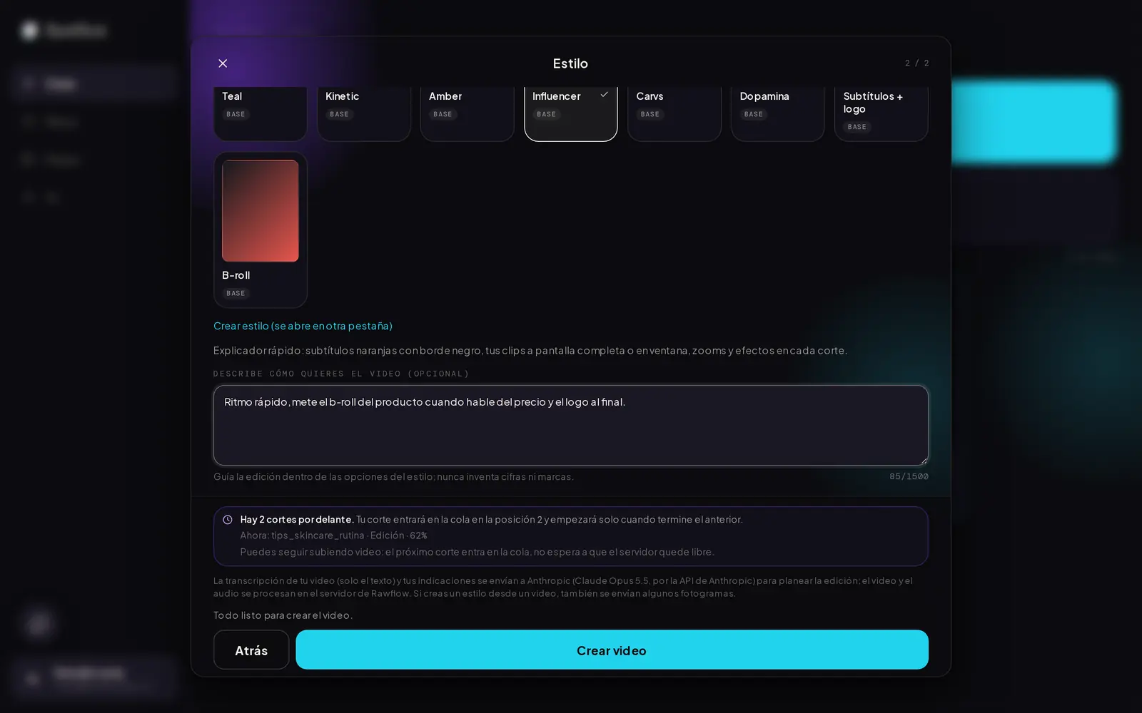 Rawflow, paso de estilo: Influencer elegido y un brief escrito.