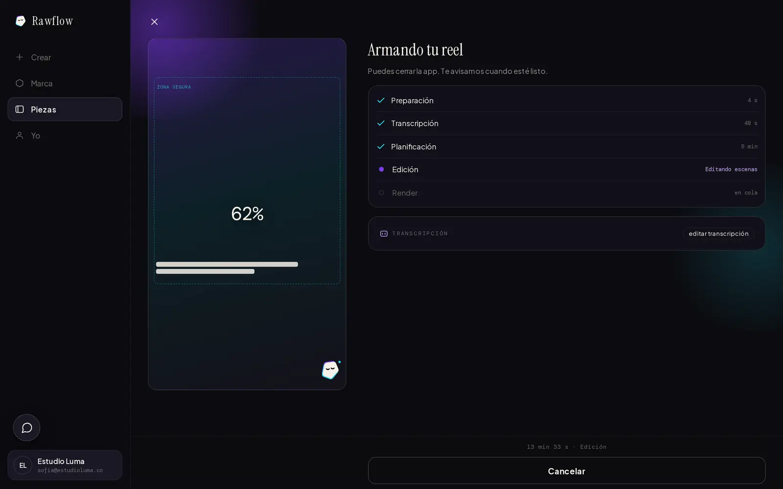 Rawflow armando el reel, con el avance y las etapas del corte.